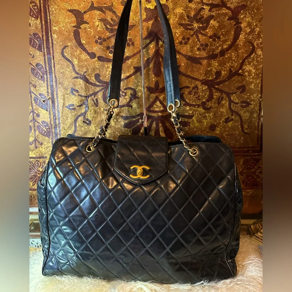 chanel black xl jumbo weekender overnighter travel tote bag Vintage Caviar XXL GST 501 Boutique Patina Chanel Weekender Bag Chanel Vintage